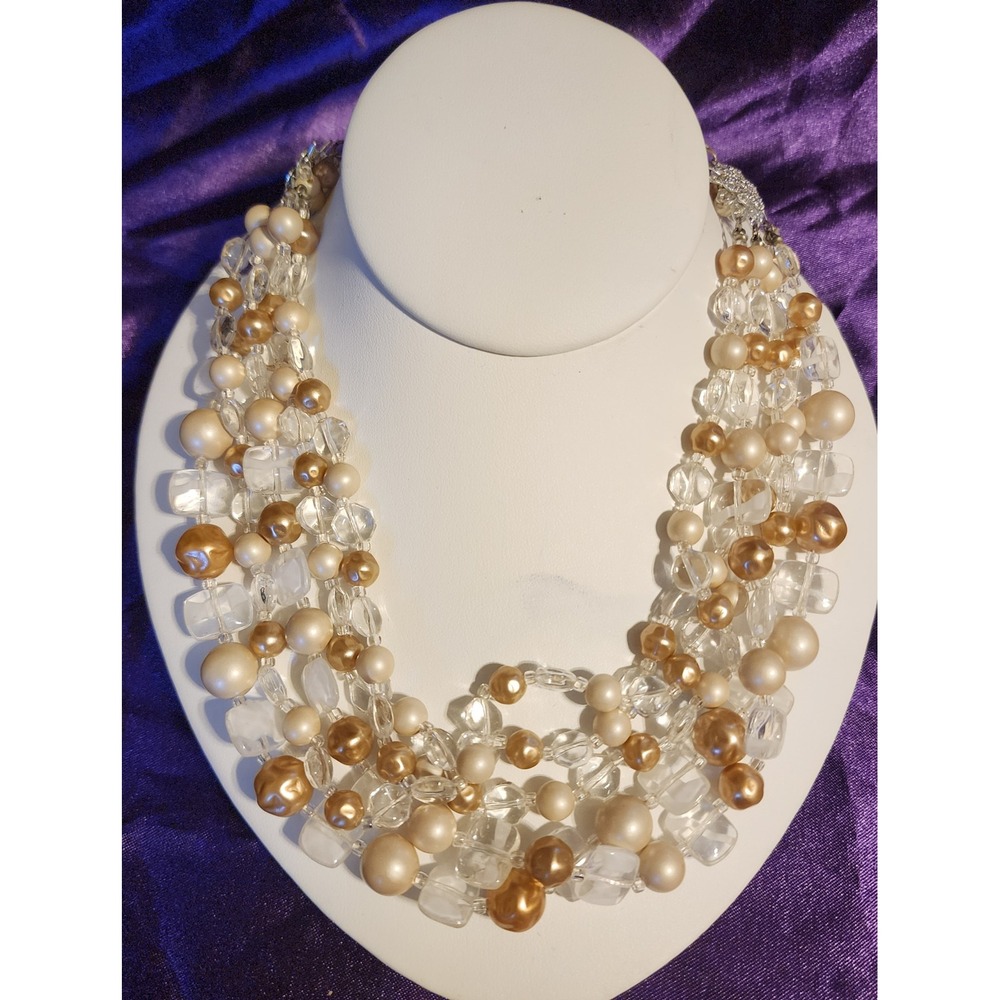 Vintage Japan 4 Strand Faux Pearl Clear Bead Necklace Gold Champagne Statement